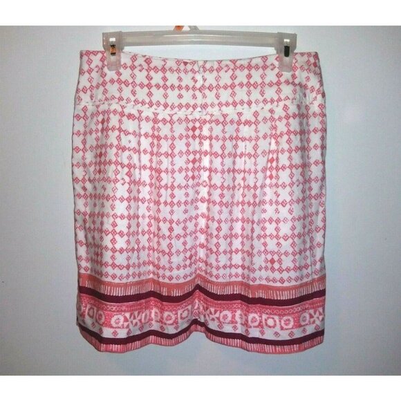 Ann Taylor Loft Skirt Sz 6 Geometric print LINEN BLEND Pleated Ivory Coral 30.5" - Picture 2 of 7